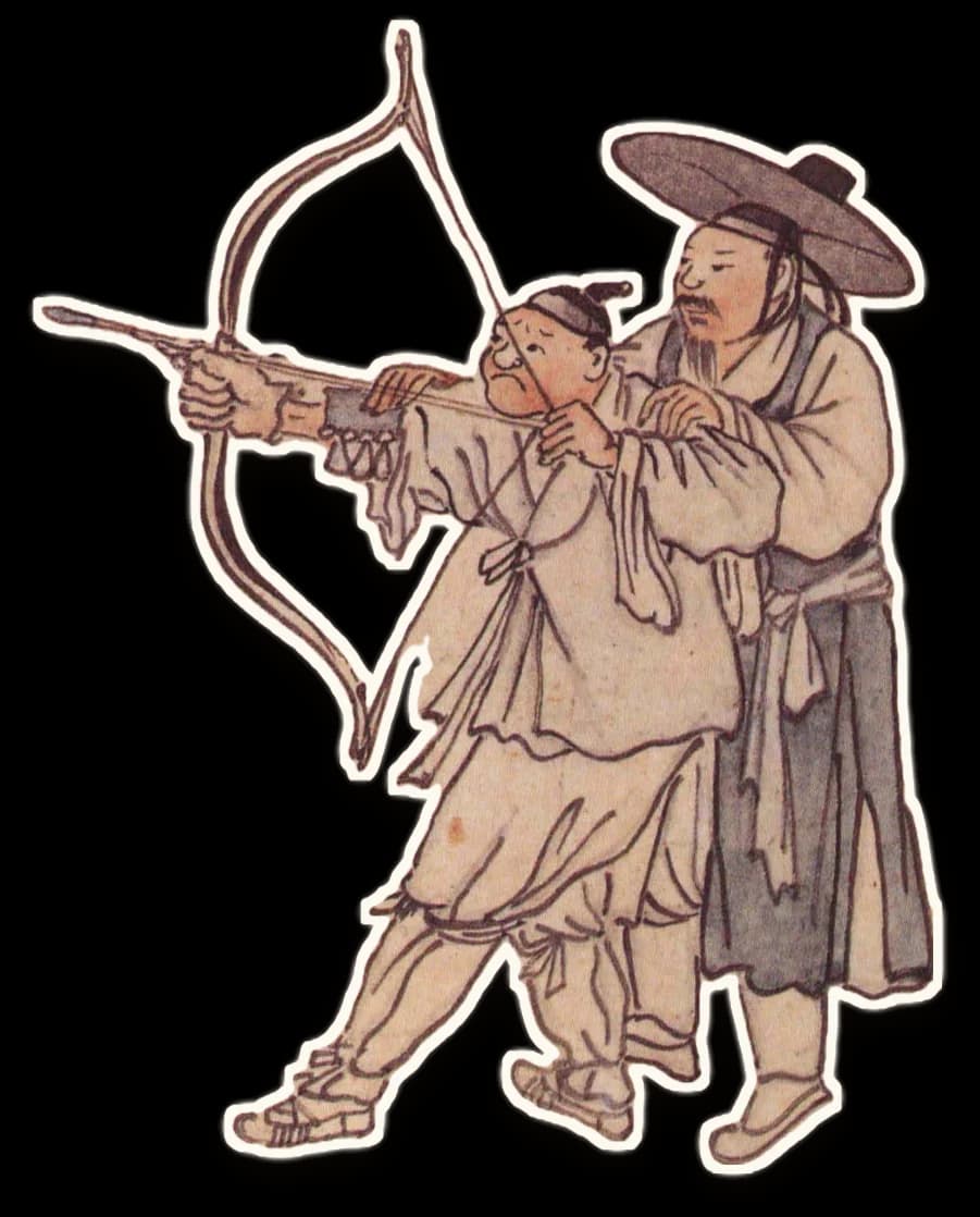김홍도 「활쏘기」에서 오린 인물: 활 쏘는 사람의 자세를 뒤에서 바로잡아 주는 선생