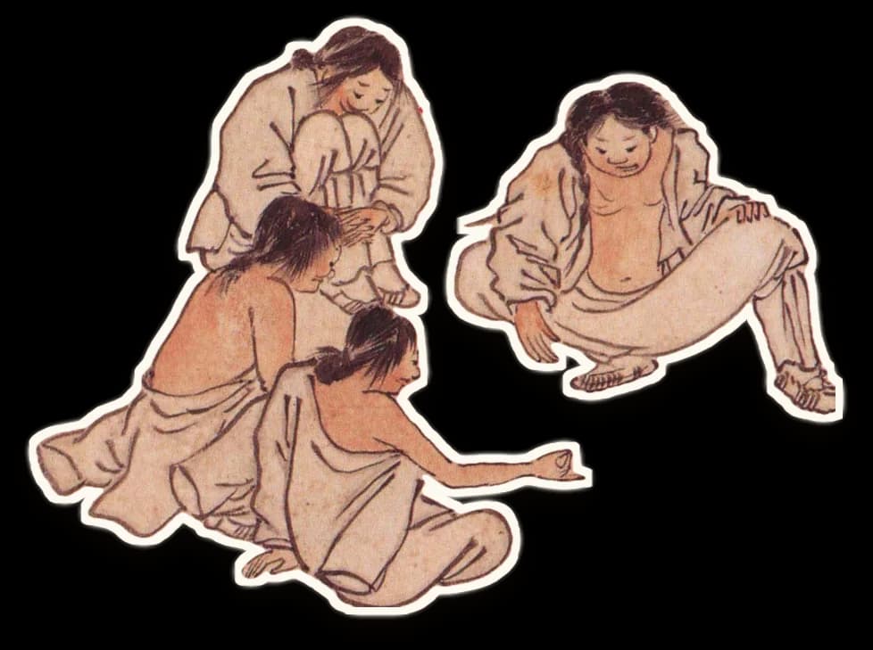 김홍도 「고누놀이」에서 오린 인물: 땅에 판을 그려 놓고 둘러앉은 젊은이들