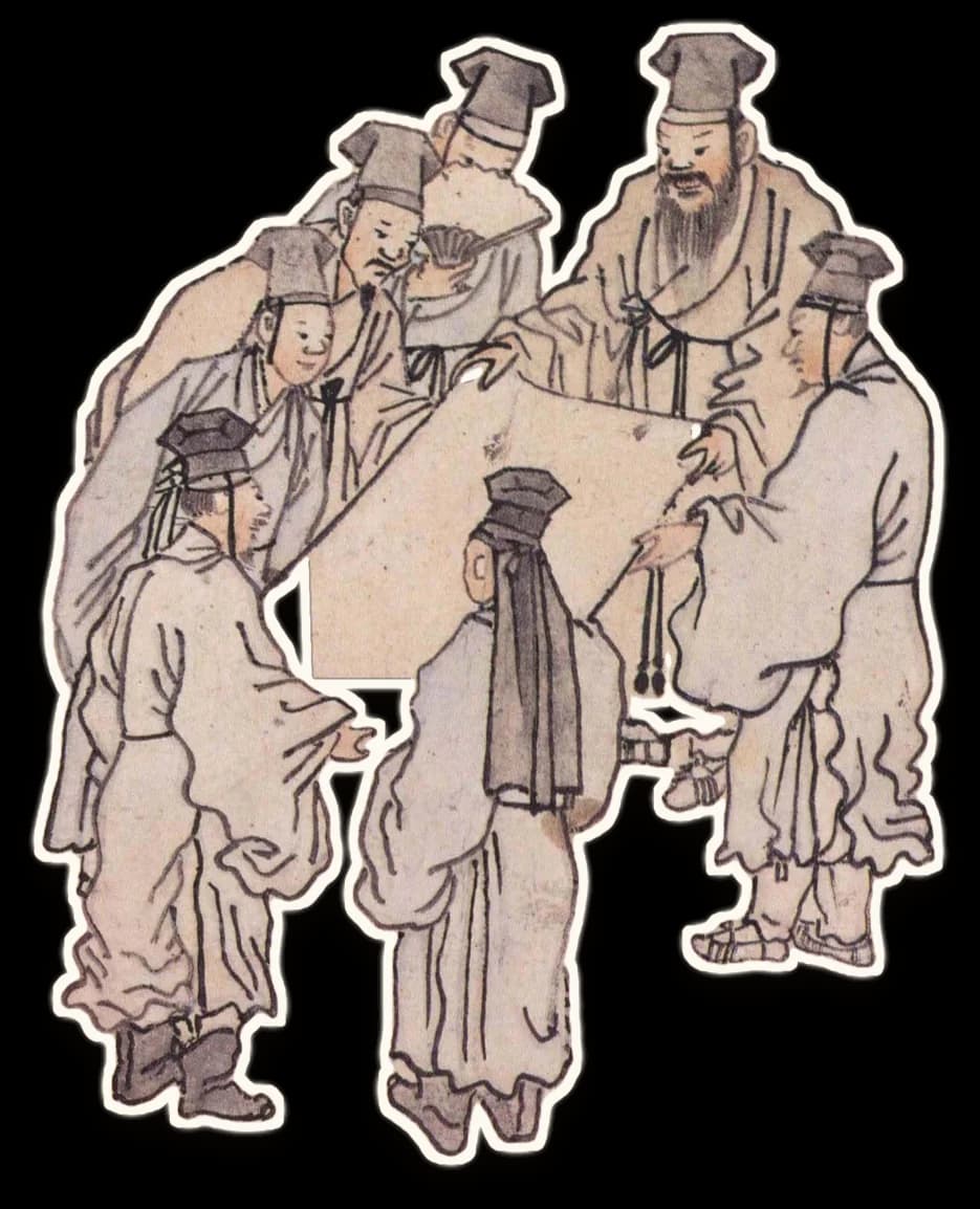 김홍도 「서화감상」에서 오린 인물: 펼친 그림 한 장을 둘러서서 함께 보는 사람들