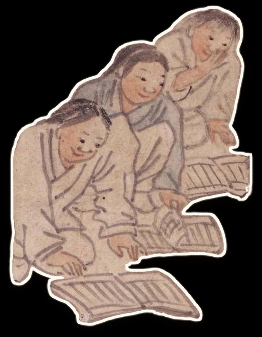 웃으며 책을 보는 학생 셋(「서당」에서 오림)